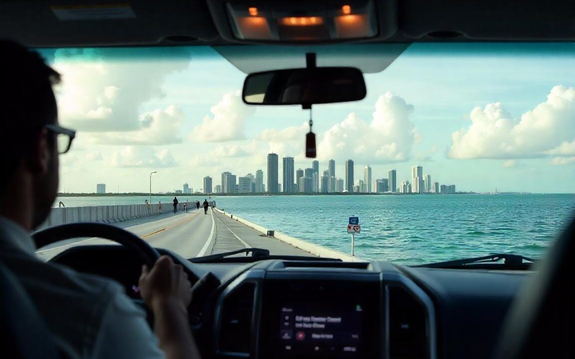 Miami skyline through the windshield of a passenger van with driver profile