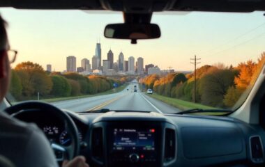 A black Ford Transit passenger van driving on a road with the Nashville skyline in view from the from window, with dashboard in view