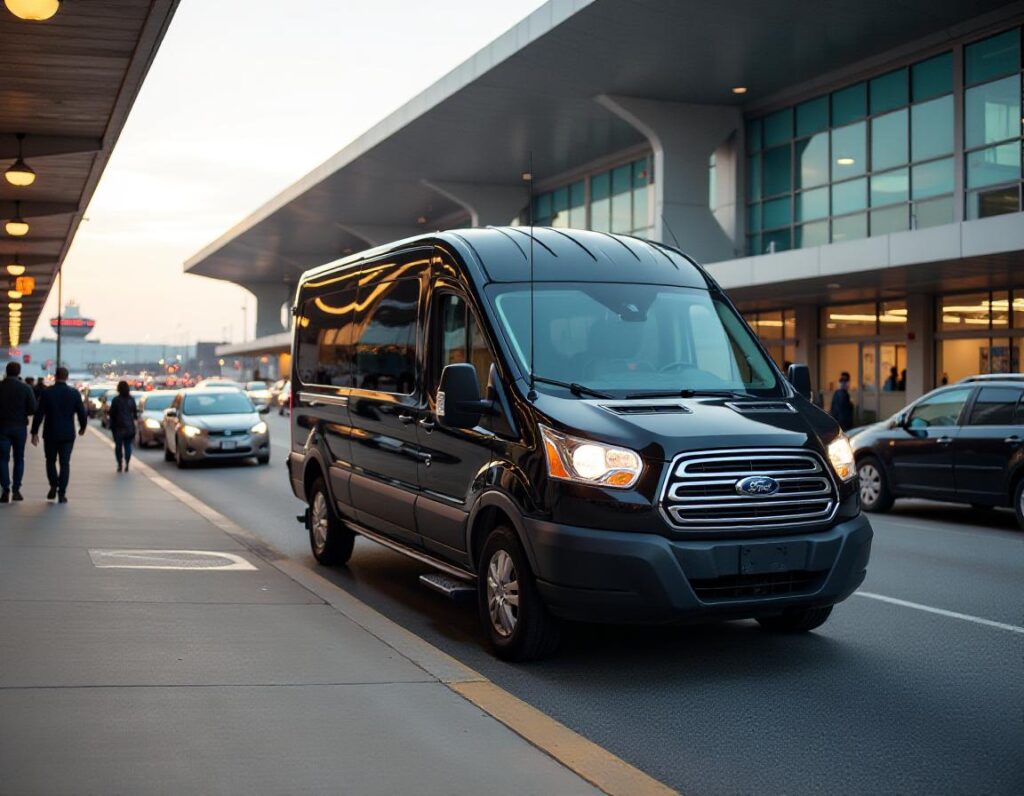 A black Ford Transit passenger van waiting curbside outside a busy airport in Nashville