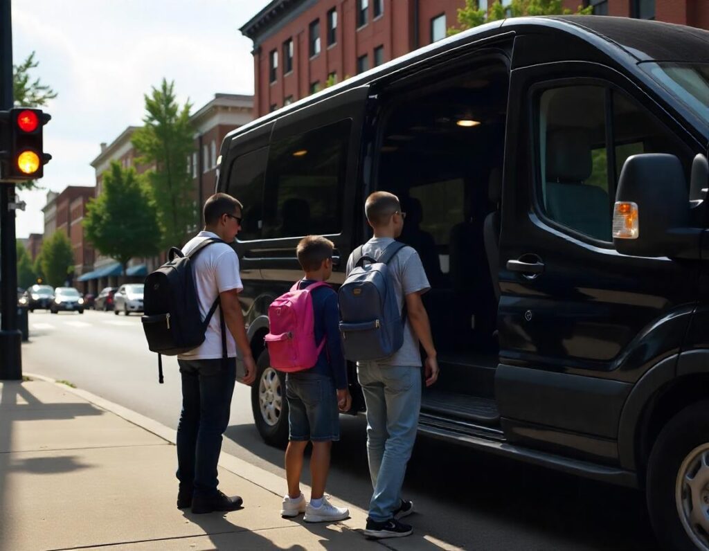 A family with backpacks getting into a black Ford Transit passenger van on Broadway Ave in Nashville