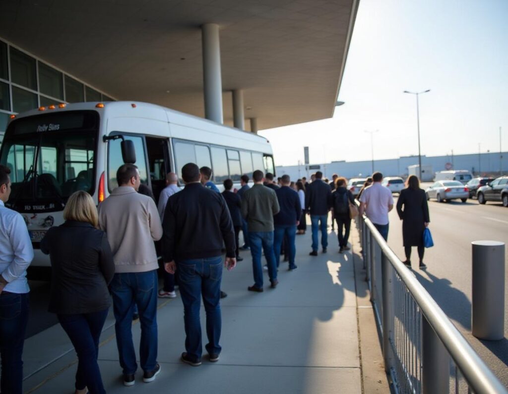 people waiting in a long line outside the airport for a shared shuttle at Nashville, TN