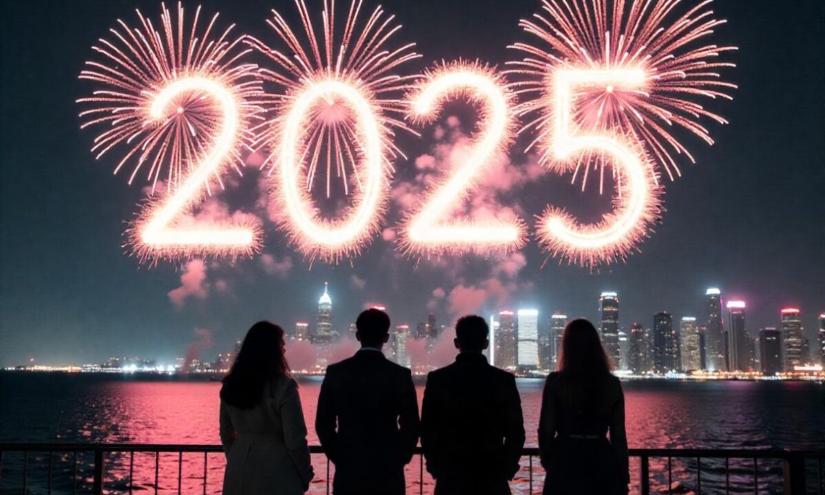 a group of 4 watching NYE fireworks that say 2025