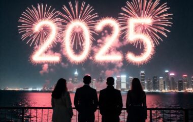 a group of 4 watching NYE fireworks that say 2025