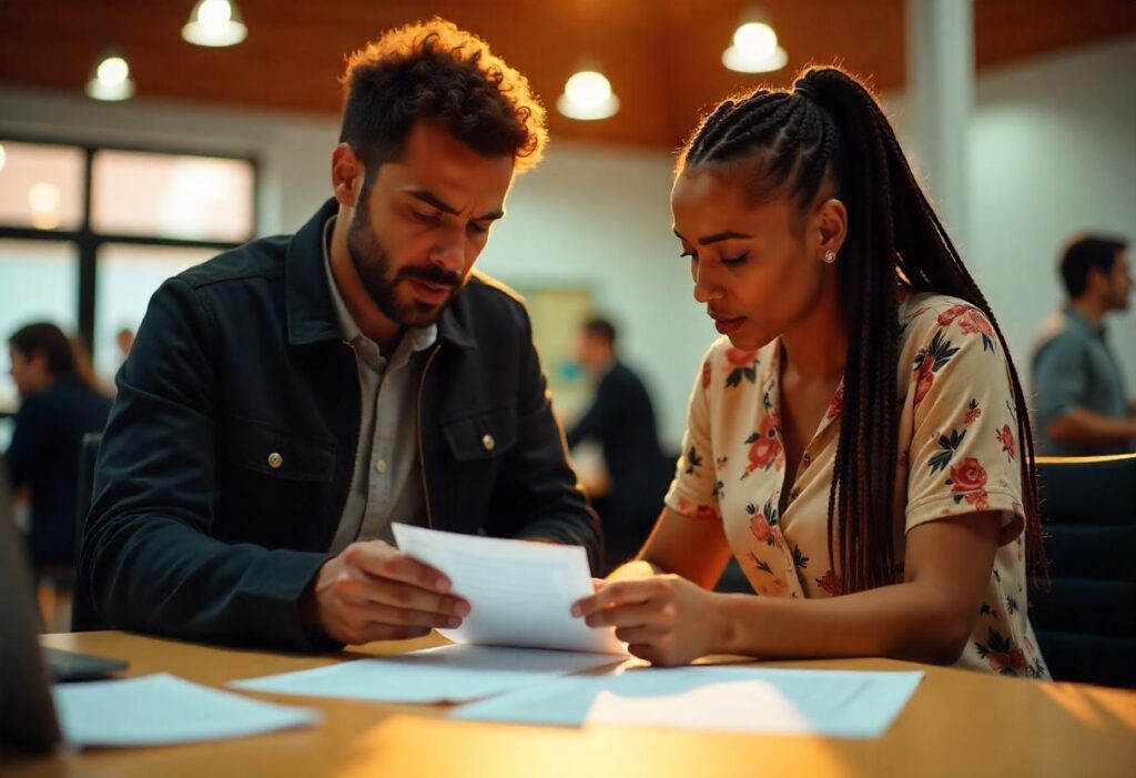 A straight multiracial couple looking over paperwork together in a rental agency