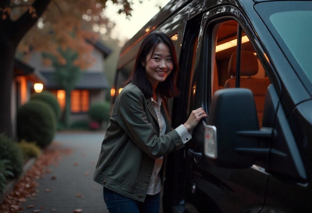 A smiling Asian woman with shoulder-length straight hair getting into the driver's seat of a Black Ford Transit passenger van, parked in a tree-lined driveway in front of her cozy cottage.