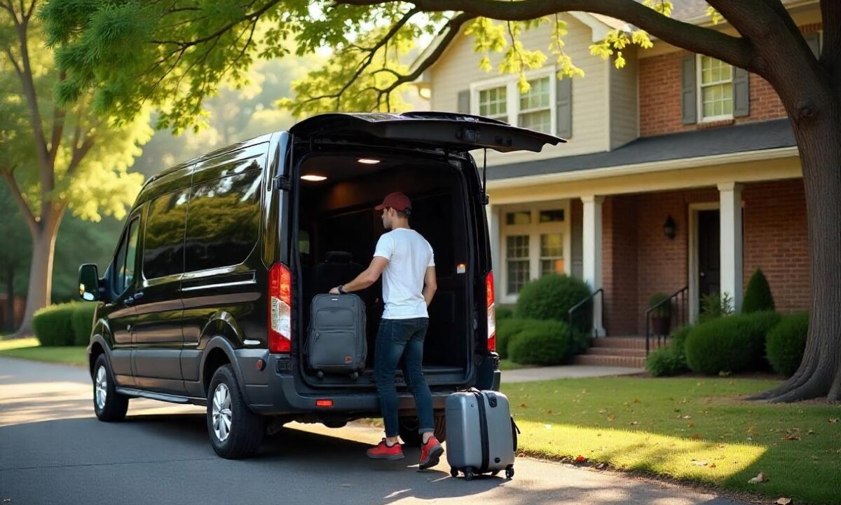 A young Caucasian male loading backpacks and suitcases into the back of a black Ford Transit passenger van parked in a driveway shaded by a large oak tree in front of a brick house with a welcoming porch.