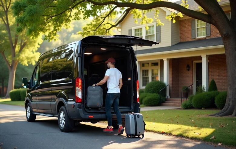 A young Caucasian male loading backpacks and suitcases into the back of a black Ford Transit passenger van parked in a driveway shaded by a large oak tree in front of a brick house with a welcoming porch.