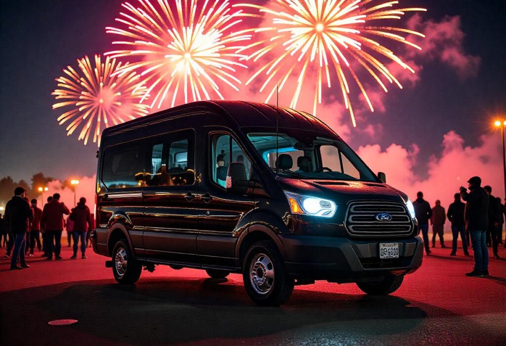 Black Ford transit passenger van parked under a sky exploding with New Year's Eve 2025 fireworks, bright bursts of color against a dark night, surrounded by silhouettes of cheering people, some wearing winter jackets.