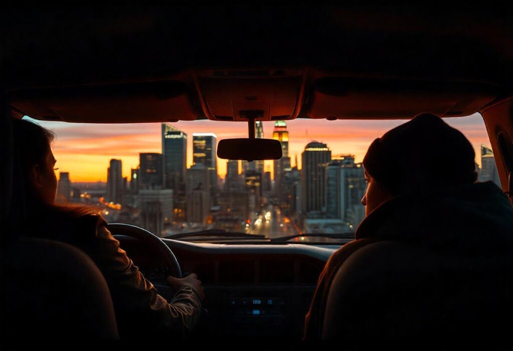 view of the NYC skyline captured through the front window of a Ford passenger van at sunset, with a female driver in a leather jacket and a passenger with a beanie, the city illuminated as night approaches