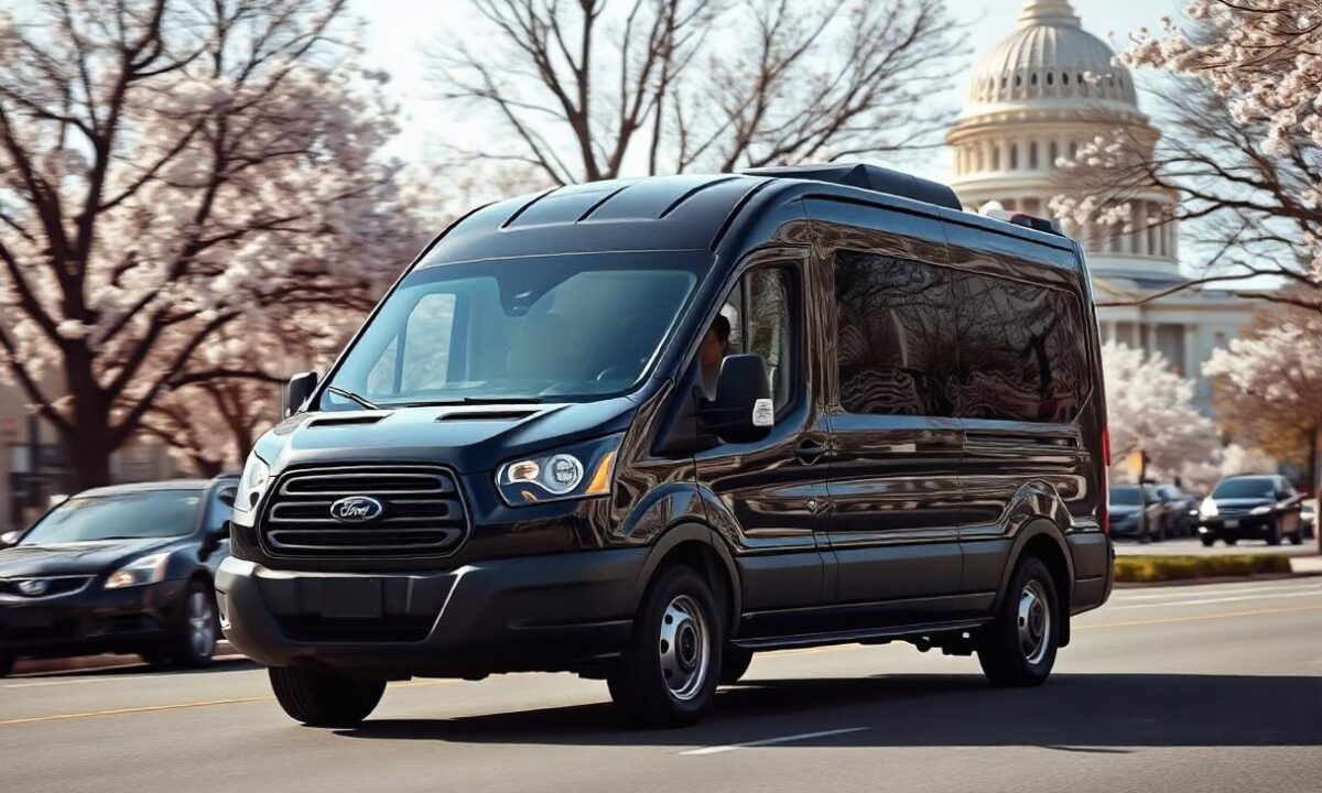 A black Ford Transit passenger van with the silhouette of a Black male driver, driving down a wide street in Washington D.C., with the Lincoln Memorial and Washington Monument visible in the background during sunset.