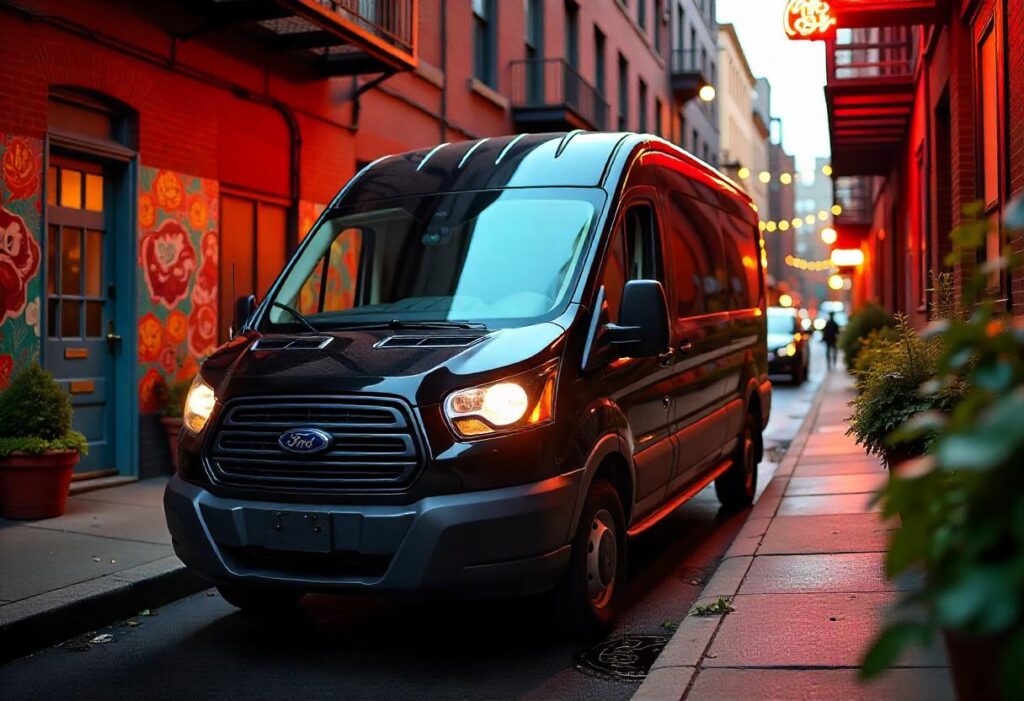 A black Ford Transit passenger van parked in a narrow alley of Old City, Philadelphia, surrounded by vibrant street art and flowering plants.