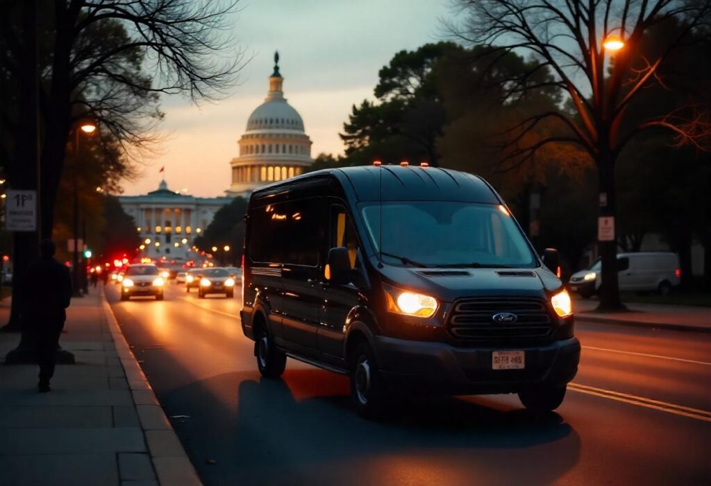 A black Ford Transit passenger van driving at dusk in Washington D.C., on a street illuminated by streetlights near the U.S. Capitol Building, with a few pedestrians crossing the road.