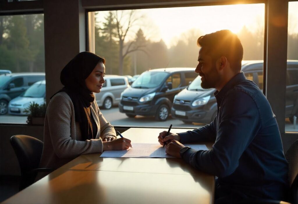 Two people signing papers in front of a lot of Ford Transit vans.