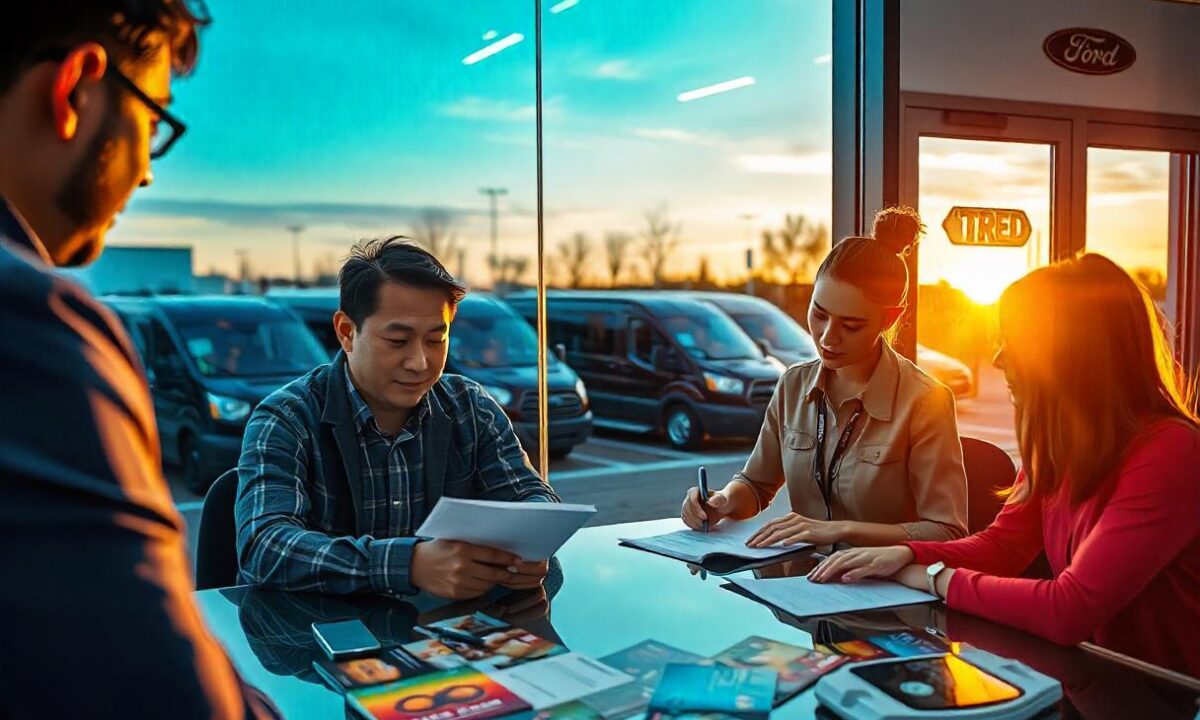 An Asian male and a Caucasian female are signing rental agreements inside a modern rental agency, with colorful brochures scattered on the table. Through the window, a parking lot showcases numerous black Ford Transit 15-passenger vans during sunset.