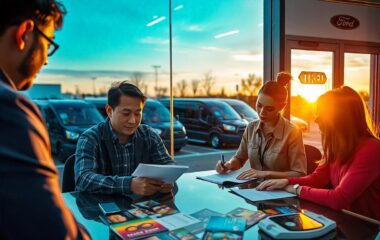 An Asian male and a Caucasian female are signing rental agreements inside a modern rental agency, with colorful brochures scattered on the table. Through the window, a parking lot showcases numerous black Ford Transit 15-passenger vans during sunset.