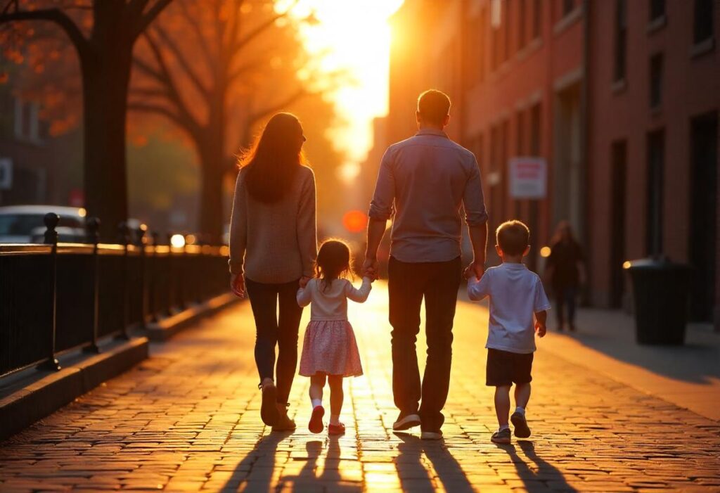 An Asian mother and a White father, holding hands with their two children, a girl and a boy, strolling down the Freedom Trail in Boston, with historic buildings and a sunset casting warm light on the scene.