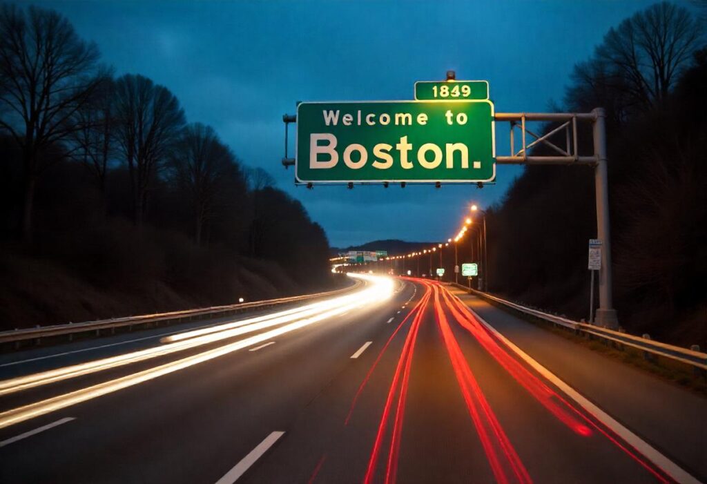 A street sign that says Welcome to Boston on a highway