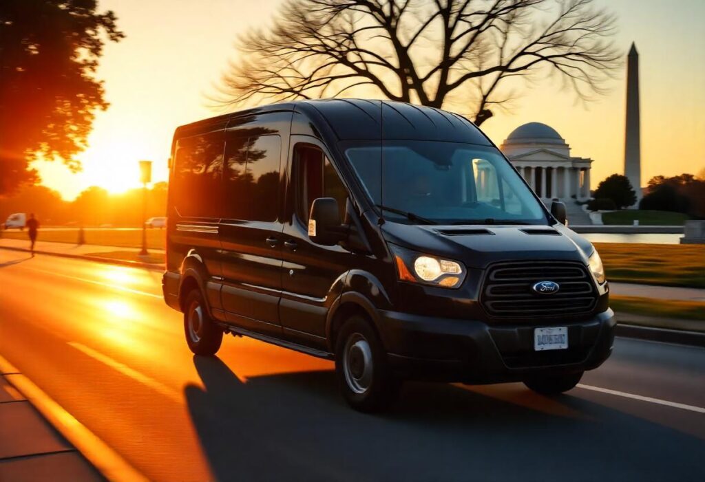 A black Ford Transit passenger van with the silhouette of a Black male driver, driving down a wide street in Washington D.C., with the Lincoln Memorial and Washington Monument visible in the background during sunset.